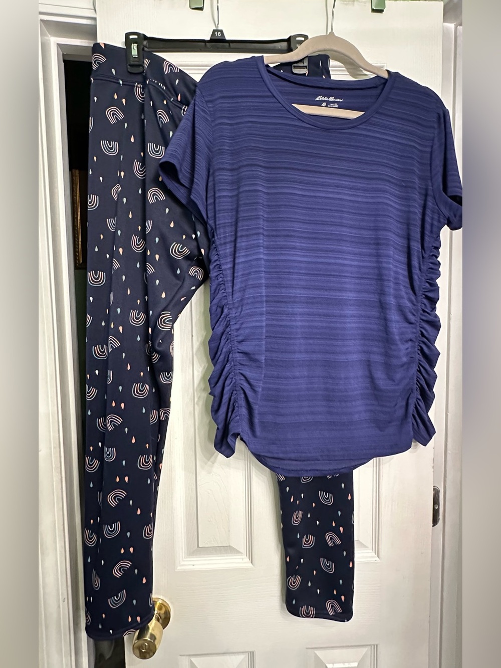 Serra Navy Leggings with Pastel Rainbow & Raindrop Print & Eddie Bauer top